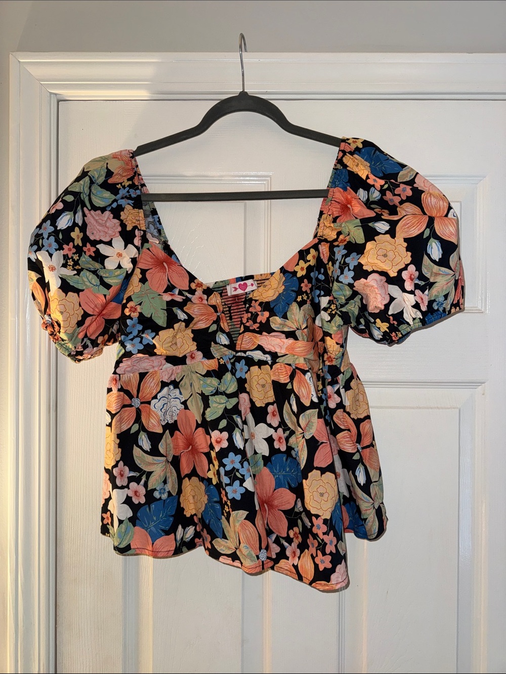 Buddy Love Black Floral Puff-Sleeve Square-Neck Blouse
